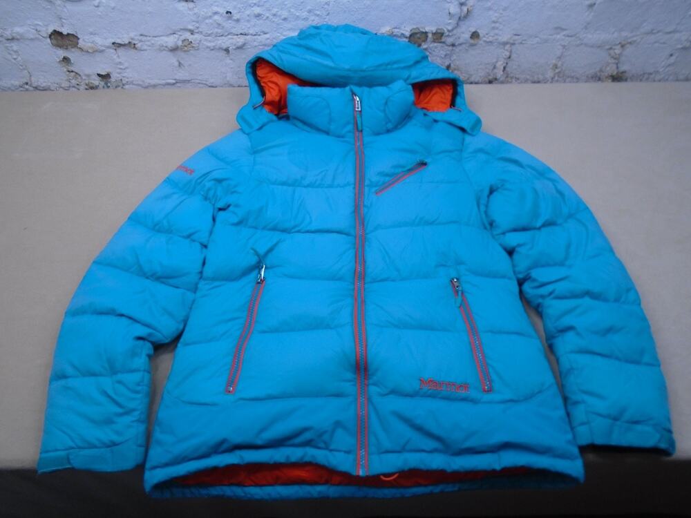 Womens Marmot 650 Down Fill Puffer Jacket Teal Orange Hoodie Size Medium